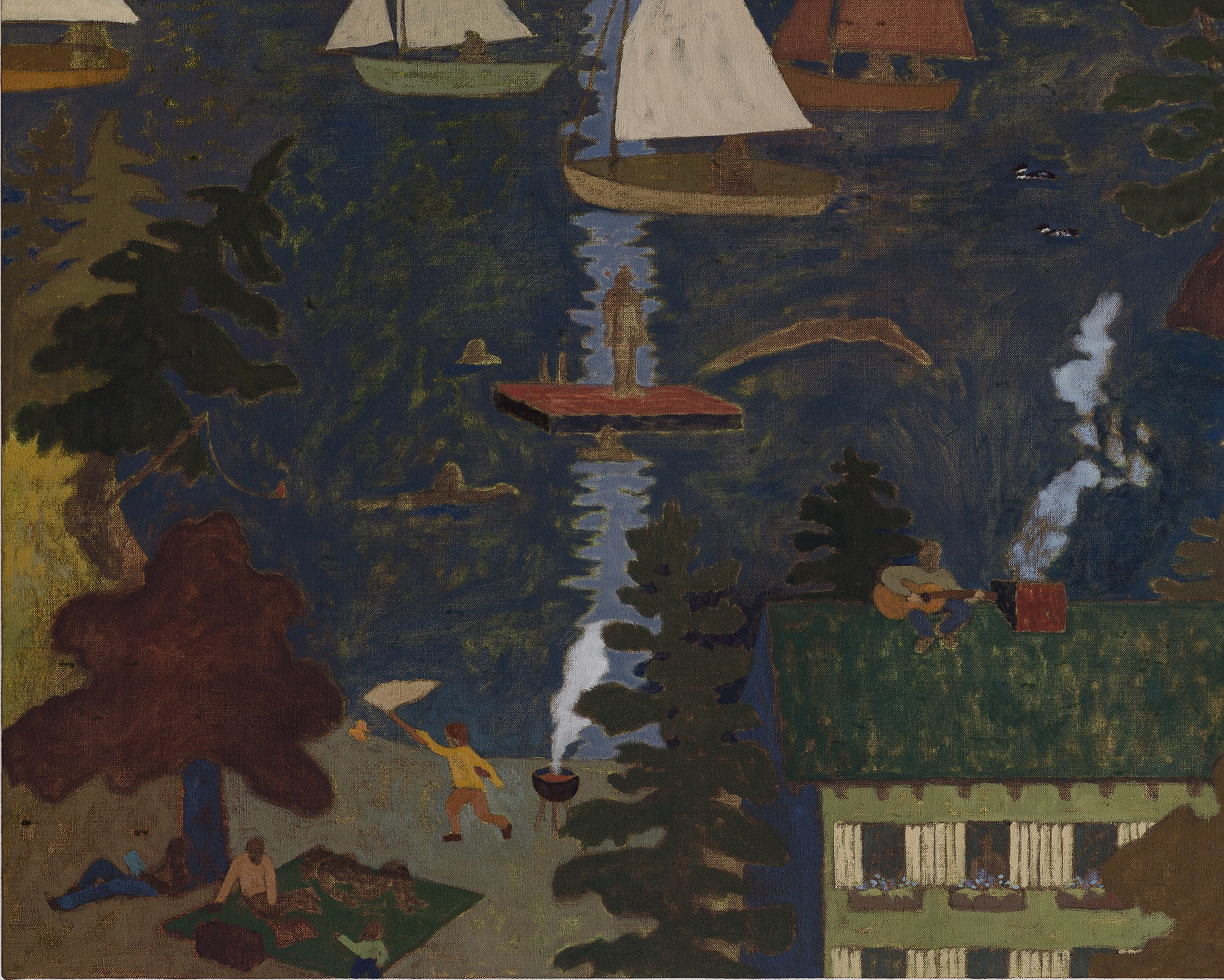 A detail of a painting showing a lakeside summer cottage with boats and swimmers.