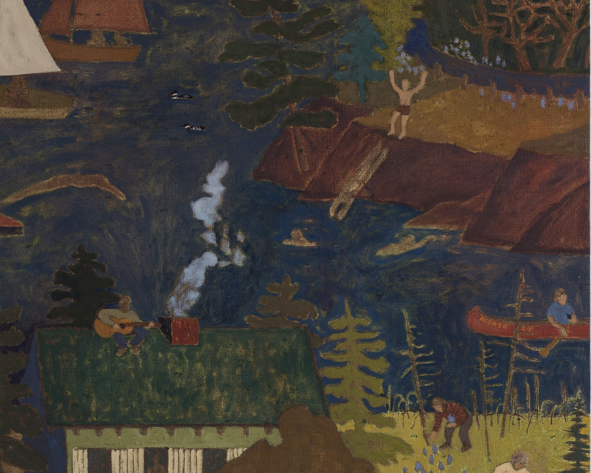 A detail of a painting showing a lakeside summer cottage with boats and swimmers.